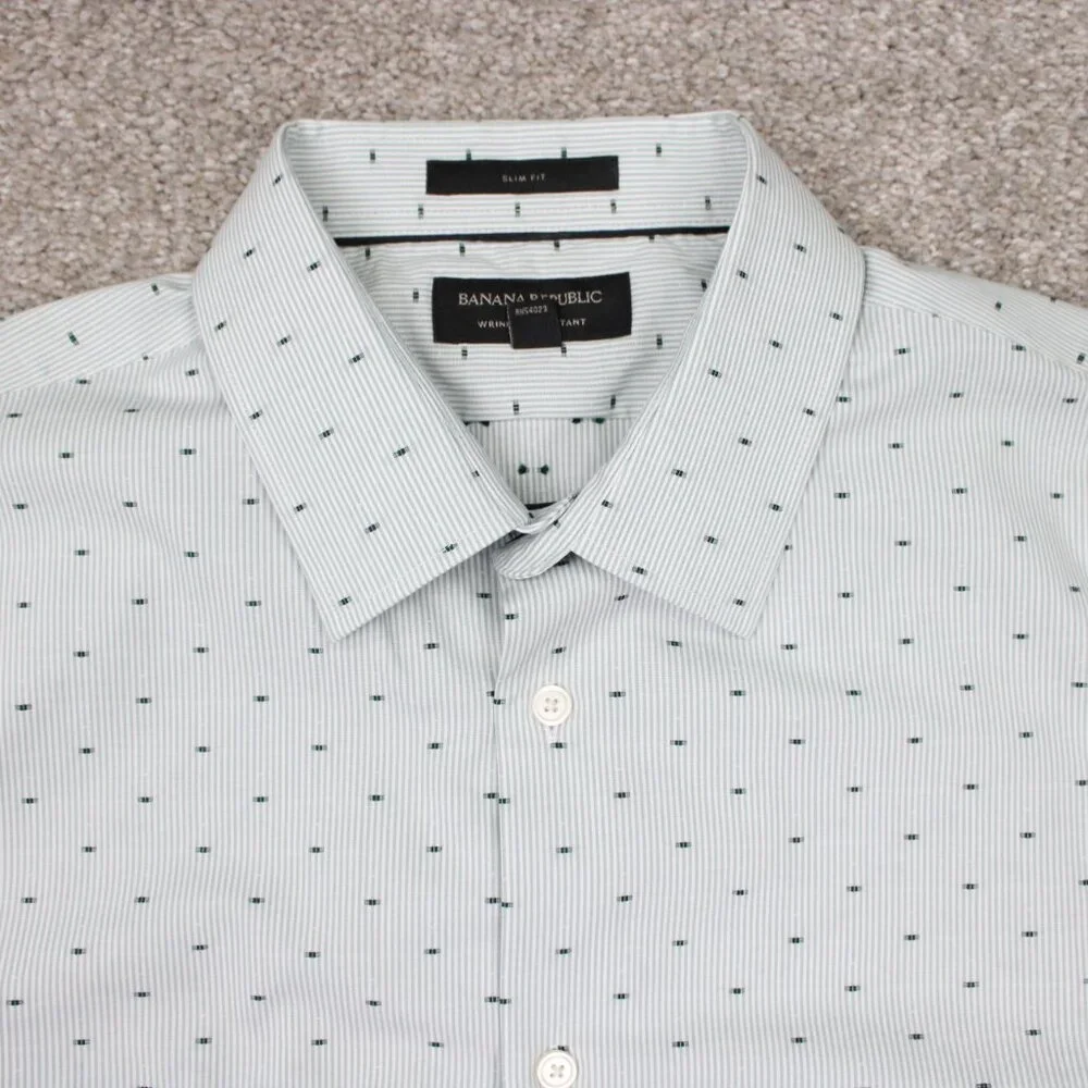 Banana Republic Shirt Mens Large Green Geometric Slim Fit Wrinkle Resistant L/S‎